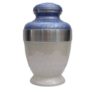 Urna Funeraria de Metal (Latón/Aluminio) Azul y Blanca con Banda Plateada para Cenizas Humanas de Adultos - Product Image 1