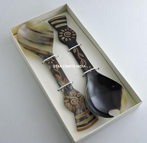 Wholesale Premium Quality Horn Salad Servers Set of 2 Pcs Premium Kitchenware <b>Serving</b> <b>Spoons</b> for Parties From India - Product Image 6