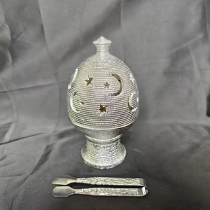 Antique Brass Incense Burner with Floral Dome Lid Pedestal Base and Wooden Handle for <b>Bakhoor</b> & <b>Oud</b> - Product Image 4