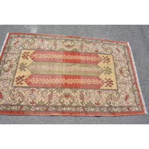 Alfombra Vintage de Lana, Color Rojo y Beige de Anatolia, 3,5X5,8 Pies, Área Grande, Diseño de Retazos Rectangulares para Habitación de Adolescentes, Pasillo con Respaldo de Látex - Product Image 3