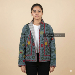 เสื้อแจ็คเก็ตผ้ากำมะหยี่ปักลายซูซานี ผลิตจากผ้าฝ้ายอินเดียที่เป็นมิตรต่อสิ่งแวดล้อม สำหรับผู้หญิง ดีไซน์หรูหรา |   เสื้อคลุมสไตล์โบฮีเมียน - Product Image 4