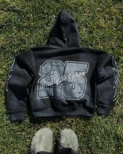 Sweats à capuche personnalisés en éponge française 100% coton avec fermeture éclair et applique de broderie en détresse avec strass pour hommes - Product Image 3