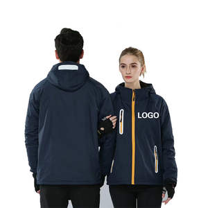 Veste imperméable à capuche fine en softshell bleu foncé unisexe, taille XL, accents de fermeture éclair jaunes, plusieurs poches, capuche réglable, moderne - Product Image 3