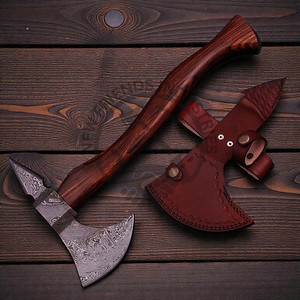 Hache à pointe en acier Damas faite à la main, hache Tomahawk forgée de haute qualité avec manche en bois de rose et étui en cuir, qualité personnalisée DIY - Product Image 4