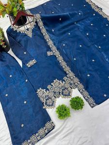Heavy Silk Embroidery Sequence Work <b>Top</b> & Bottom Sequence Embroidered With Lace Border Dupatta Wedding Party Designer - Product Image 4