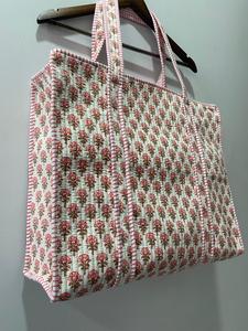 Handmade <b>Large</b> Cotton <b>Tote</b> <b>Bag</b> Turquoise Quilted <b>with</b> Red Motif Embroidery Fashionable <b>Zipper</b> Closure for Daily Travel Use - Product Image 6