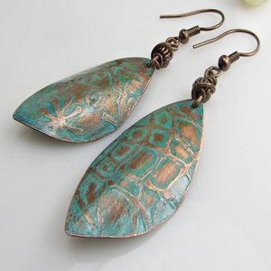 2024 European Embossed Two Tone copper <b>earrings</b> with amber jewelry <b>Christmas</b> Nigerian Blue Long Antiqued Copper Leaf <b>Earrings</b> - Product Image 4