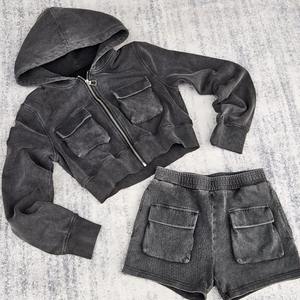 <b>Top</b> Quality Women's Crop Hoodie shorts Set Acid Wash Tracksuit Two Piece Set Cotton Fleece Hooded Long Sleeve Autumn Women's Set - Product Image 6