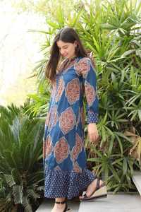 Robe mi-longue en coton pour femmes, imprimé en blocs, robe chemise indienne florale, tenue décontractée d'été - Product Image 3