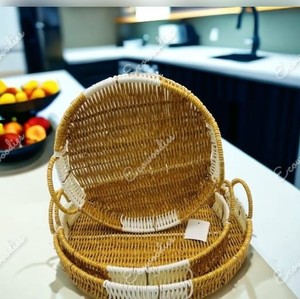 Bonita cesta de mimbre de almacenamiento redonda con asa para bandeja de mimbre redonda, bandejas de frutas, Cestas tejidas a mano, Juego de 3 para fiesta de boda - Product Image 4