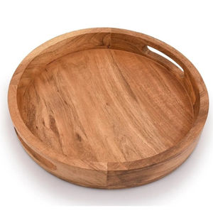 Plateau de service rond en bois d'acacia fait à la main avec poignées Finition naturelle Plateau en bois pour café et nourriture pour la maison Cuisine Table à manger - Product Image 1