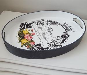 Plateau de service ovale en bois blanc, imprimé floral, en MDF laqué, avec poignées, pour table basse, cuisine, nourriture, boissons, maison, fournisseur complet - Product Image 1