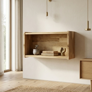 Meuble mural en bois massif avec étagère flottante et vitrine ouverte, unité de rangement pour salon - Product Image 3