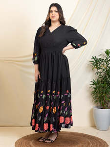 Floral Rayon Plus Size Tiered <b>Dress</b> for Women's V Neck 3/4th Sleeves Maxi <b>Dress</b> Summer Western Party Casual Wear Stylish <b>Dress</b> - Product Image 6