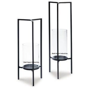 Trending Set of 2 Metal and Glass Tall Black <b>Hurricanes</b> <b>Candle</b> Holders for Wedding Event Party Decoration <b>Hurricanes</b> - Product Image 1