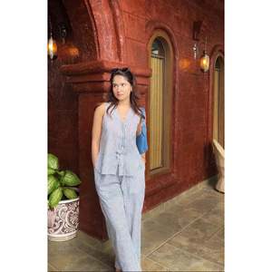 Conjunto de 2 Piezas con Estampado de Rayas Azules Hecho a Mano, Nuevo, Pantalones Holgados de Verano para el Verano - Product Image 1