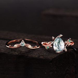 925 plata esterlina en forma de pera ágata musgo con diseño de hoja anillo de bodas para mujer anillo de compromiso - Product Image 3