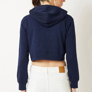 Sweat-shirt à capuche court pour femme, bleu marine, avec appliques de pompons colorés, manches longues, style décontracté, tricoté, style automne - Product Image 2