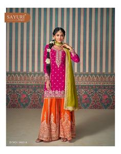 Costume de mariage exclusif en soie Chinon brodé multicolore avec Choli Salwar Kameez pour adultes - Product Image 2
