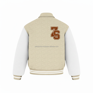 Chaqueta universitaria de mezcla de lana Premium con mangas de cuero blanco Logotipo de chenilla personalizado Chaqueta universitaria con letras beige y marrón para hombre - Product Image 2
