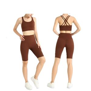 Best Selling Women's Sportswear Yoga <b>Set</b> Two-Piece Solid Color <b>Leggings</b> Shorts Light Weight Gym Clothing with Logo on Waist - Product Image 2