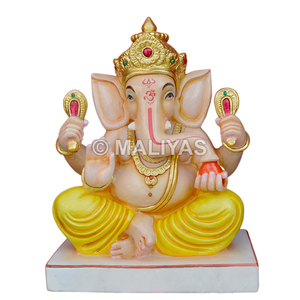 Murti de Ganesh en Mármol Chowki |   Estatua de Ganesh Chowki de Mármol Hecha a Mano para el Hogar y la Pooja - Product Image 1
