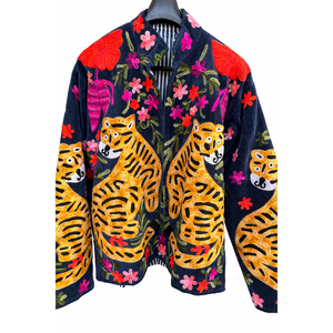 Blouson Bomber Réversible en Velours Brodé à la Main, Imprimé Animal Tigre Bleu, Vintage, 100% Coton Couleur Naturelle, Printemps Automne - Product Image 2