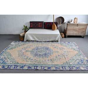 Tapis Vintage en Laine Turque de 5ft 8in X 9ft 3in Beige Bleu Patchwork Tissage Plat pour Salon Ensembles de Tapis en Latex - Product Image 3