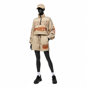 Conjunto Corto de Chaqueta Cortavientos para Mujer, Tejido Suave de Poliéster y Nailon, Diseño de Paneles de Color, Logotipo Personalizado, Transpirable - Product Image 1