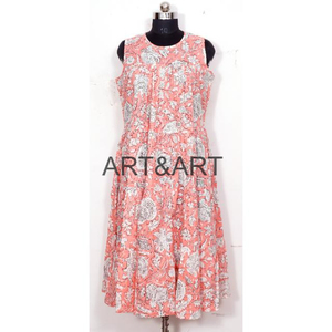 Vestido Midi informal de algodón 100% para mujer, minivestido con estampado de bloques florales y cuello redondo, con silueta suelta, tejido con forro de algodón para mujer - Product Image 5