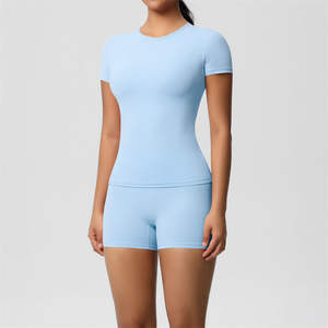Camisetas de manga corta de Color sólido con sensación desnuda, pantalones cortos a juego, gimnasio, deportes, Yoga, ropa deportiva, conjuntos para correr de dos piezas para mujer - Product Image 6