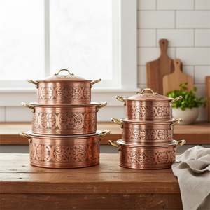 Pot en cuivre de style vintage, sculpté verticalement, avec double poignée - Product Image 1