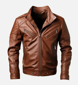Chaqueta de cuero de motorista marrón español para hombre con cierre de cremallera estilo de invierno informal terminado - Product Image 1