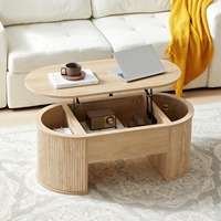 Table basse relevable ovale en chêne naturel rainuré, design japonais moderne, extensible, pour salon – Meuble de salon dissimulé – Ventes flash