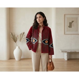 Red Embroidered Eye Pattern Eco-Friendly Velvet Shell Women's Butterfly Collar Full Sleeve Knitted Breathable <b>Vintage</b> <b>Jacket</b> - Product Image 3