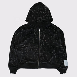 Concevez votre logo de marque Streetwear 100% coton French Terry Heavyweight Zip up Rhinestone Hoodie Custom - Product Image 3