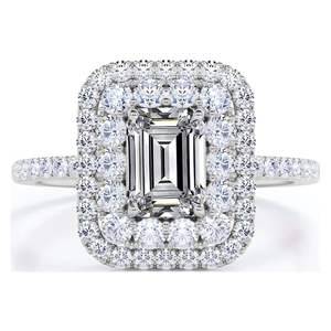 Bague de fiançailles en moissanite taille émeraude-Bague de mariée-Double Halo Ring-Bague en grappe-Or blanc 18 carats sur argent - Product Image 2