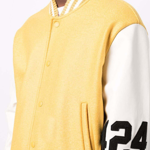 Outdoor Winter Letterman Jacket For Men Custom Embroidery Patches Logo Baseball <b>Yellow</b> Varsity Jackets With Leather Sleeves - Product Image 4