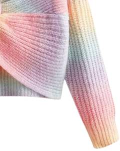 Manufacturer Custom <b>Women</b> Multicolor Pastel Tie Dye Ribbed Knit Twist Front Sweater Long Sleeve V Neck <b>Cropped</b> Fashion Winter - Product Image 5