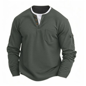 Camisa de cuello Henley de dos piezas falsa de algodón gofrado a la moda para hombre nueva camiseta de manga larga con botones de Color sólido estilo informal - Product Image 3