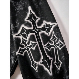 black grunge style hoodie with a washed distressed finish bold gothic <b>cross</b> graphics on the sleeves and a minimal chest - Product Image 3