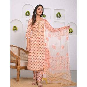 Ensemble Kurta et pantalon en coton imprimé à motifs pêche pour usage quotidien - Product Image 4