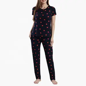 Costume de nuit imprimé en coton pour femmes Lot de 2 vêtements de nuit, pyjamas pour femmes Shorts en jersey Pyjamas motif imprimé col rond tricoté