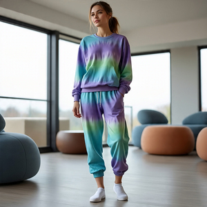 ชุดวอร์มสองชิ้นสำหรับใส่วิ่งชุดกีฬาสีระเหิดของผู้หญิงชุดออกกำลังกายมีฮู้ดมัดย้อมระบายอากาศได้ - Product Image 3