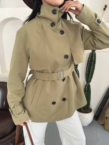 <b>Women</b> Olive Green Safari Jacket With <b>Belt</b> Full Sleeve Stand Collar Double Breasted Windproof Autumn Wear - Product Image 5