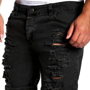 Gama运动男士牛仔裤夏季蓝色黑色白色磨损孔及膝休闲牛仔短裤