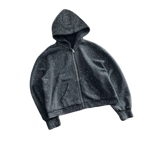 Sweat à capuche zippé noir avec strass, style streetwear, tendance, chaud, en coton, unisexe, design de créateur, pull d'automne - Product Image 1
