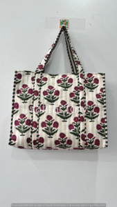 กระเป๋าผ้าคอตตอนลายดอกไม้, กระเป๋าโท้ทขนาดใหญ่แบบกลับด้านได้พิมพ์ด้วยมือเป็นมิตรกับสิ่งแวดล้อมสไตล์โบฮีเมียนเปิดซื้อของชำที่ทนทาน - Product Image 5