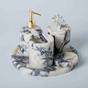 Conjunto de baño de resina contemporáneo hecho a mano accesorios de tocador jabonera cepillo de dientes soporte vaso bandeja elegante - Product Image 5