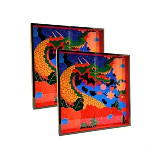 Bandeja laca colorido moderno dragón arte pintado a mano artesanía Audaz Artístico logotipo personalizado hecho en Vietnam fabricante